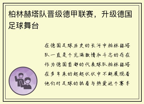 柏林赫塔队晋级德甲联赛，升级德国足球舞台